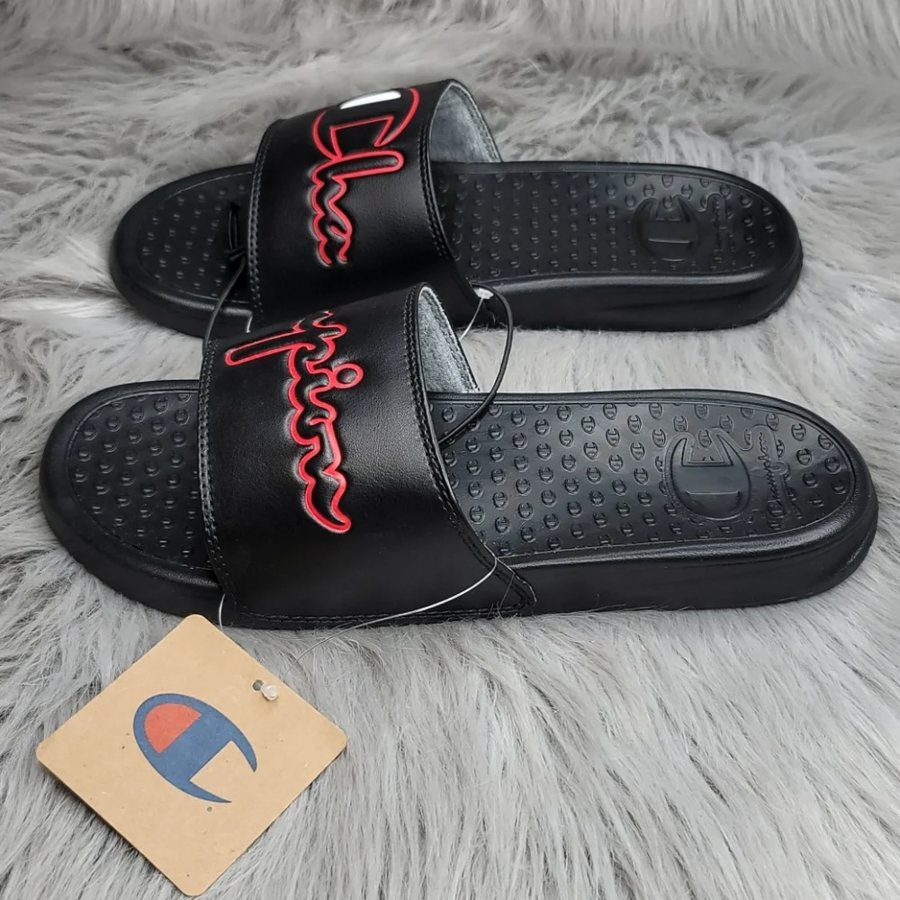 Champion Super Slide Split Script Logo Black Red Flip Flops